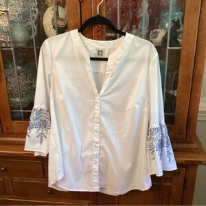 Anne Klein White Blouse with Blue Embroidery